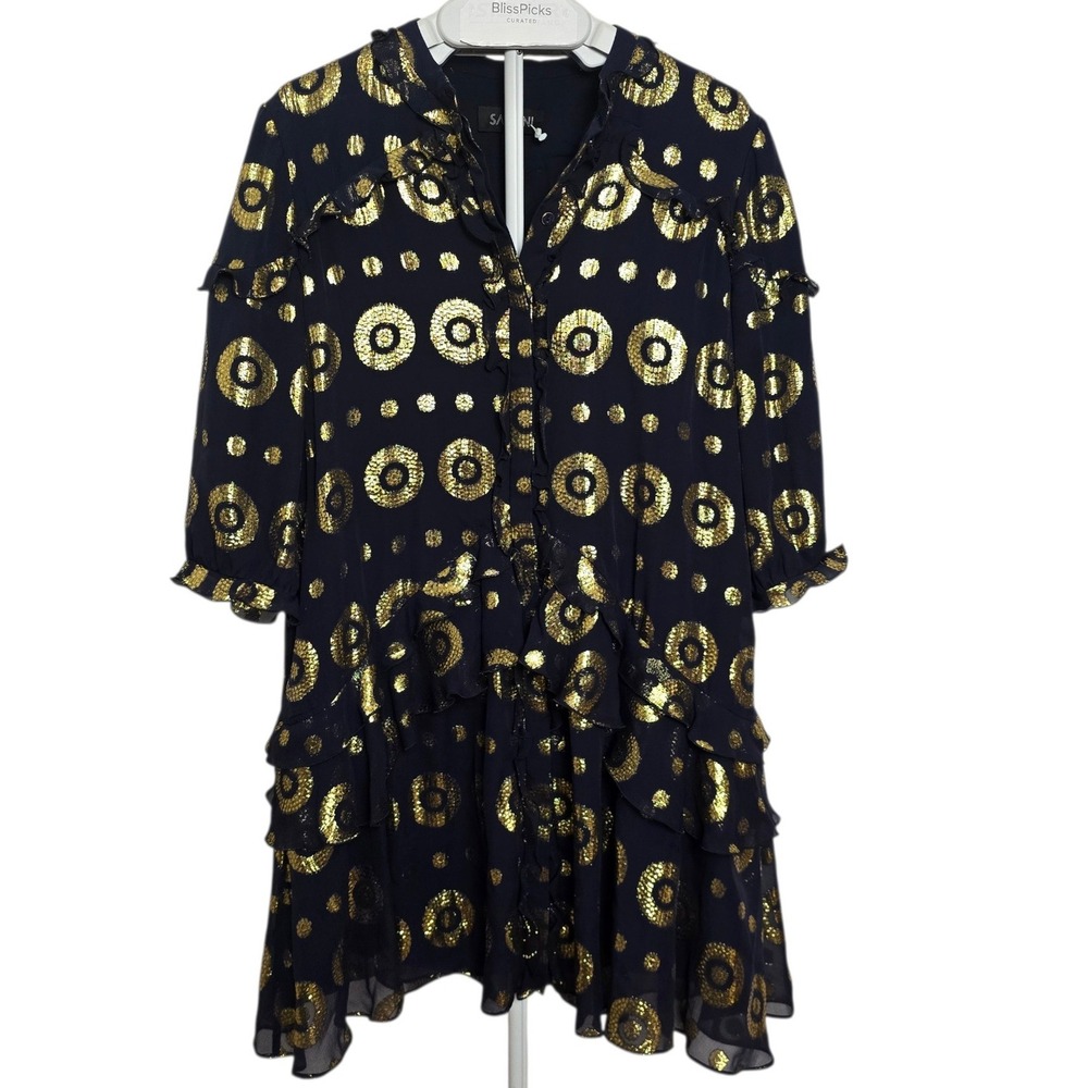 Saloni Metallic Silk Lurex Ruffle Mini Dress Womens 8 Navy Gold Boho Party